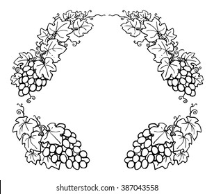 black and white outline, Grape vines ornament, hand drawn, isolated n white, vector illustration