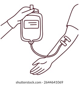 Black and white outline of a hand inserting a blood IV drip into another arm, symbolizing medical treatment, donation, or emergency care