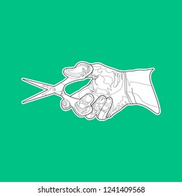 Black and white outline hand with scissors sticker. Vector illustration on green background.