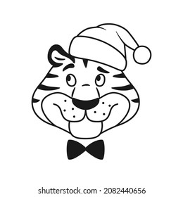 Black and white outline happy smiling thinking striped tiger head isolated on white. Cute wild cat line portrait. New Year 2022 Chinese symbol. Holiday animal thoughtful character for coloring page.