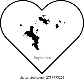 A black and white outline of a heart shape with the map of Seychelles islands filled in black inside.
