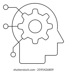 A black and white outline of human head with gear inside, symbolizing artificial intelligence and technology integration. Lines extend from head, representing connectivity and digital networks