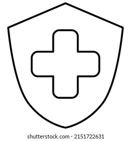 Black And White Outline Icon Of A Cross Or Plus Sign Inside The Shield. Simple Minimalistic Modern Symbol With Editable Line Thickness, Isolated On Transparent Background