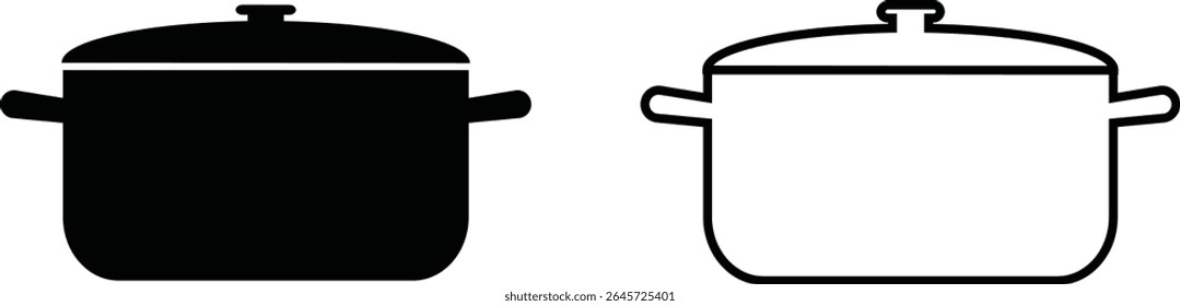 Black and white outline icon depicting a cooking pot with lid and handles