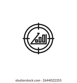 A black and white outline icon features a target scope with a bar graph inside, showing an upward trend, symbolizing business goals, growth, or data analysis.