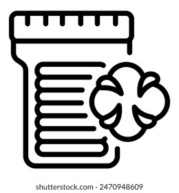 Black and white outline icon featuring a closed pill bottle with a fourleaf clover symbol