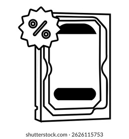 Black and white outline icon of a hard drive storage product box with discount badge. Simple vector for promotion, sales, and retail marketing. Symbol design illustration.