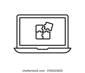 Black and white outline icon of laptop with puzzle design isolated on white