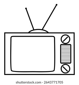 Ícone de contorno preto e branco de uma televisão retrô com mostradores de antena e controle, isolado no fundo branco.