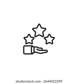A black and white outline icon shows an open hand reaching upwards towards three outlined stars, suggesting recognition, quality, reward, or achieving excellence.