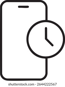 A black and white outline icon of a smartphone with a clock overlayed, symbolizing time management or scheduling.