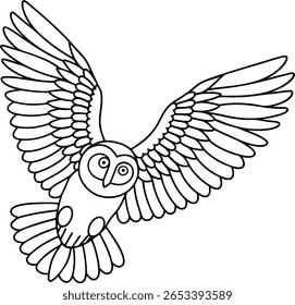 Um esboço em preto e branco ilustração de uma coruja no celeiro em pleno voo com suas asas totalmente estendidas.