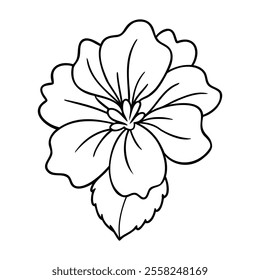 Black and white outline illustration of a blooming geranium flower with detailed petals and leaves