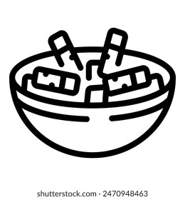 Black and white outline illustration of a bowl filled with cereal and milk, with two pieces floating