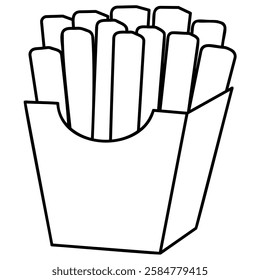Black and white outline illustration of a box of French fries. Simple, bold line art style, perfect for coloring pages, icons, logos, and fast-food-themed designs.