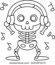 A black and white outline illustration of a cartoon skeleton wearing large headphones and surrounded by musical notes.