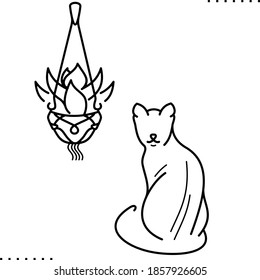 Black and white outline illustration of a cat and hanging macrame plant. Scandinavian style home decor and pet