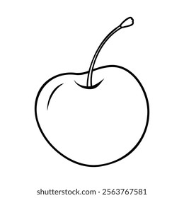 Black and white outline illustration of a cherry with a stem, featuring clean, minimalistic lines