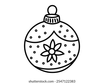 Black and white outline illustration of Christmas ball with patterns isolated on white background. Concept of holiday decoration, festive design, seasonal coloring, Christmas ornament, craft template