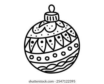 Black and white outline illustration of Christmas decoration with patterns isolated on white background. Concept of holiday ornament, festive design, seasonal coloring, Christmas ball, craft template