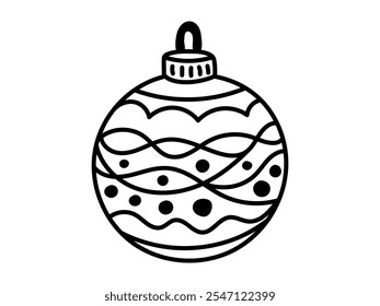 Ilustração de contorno preto e branco do ornamento de Natal com padrões isolados no fundo branco. Conceito de decoração de férias, design festivo, coloração sazonal, bola de Natal, modelo de artesanato