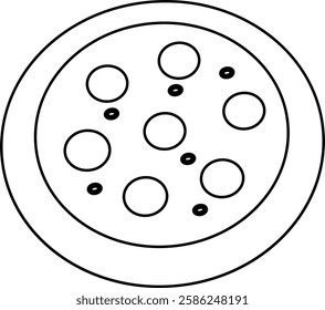 Black and white outline illustration of a classic pepperoni pizza with a thick crust and toppings. Simple, clean, and minimal design, perfect for coloring pages, icons, and food-related graphics.