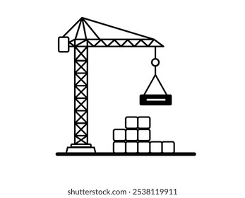 Ilustração em contorno preto e branco de um guindaste de construção levantando uma carga, simbolizando construção, trabalho industrial e maquinário pesado.