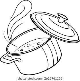 Black and white outline illustration of a cooking pot with the lid slightly ajar