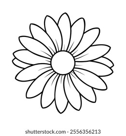 Black and white outline illustration of a daisy flower