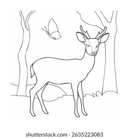 Ilustração de contorno preto e branco de um veado com galhadas em uma cena de floresta com uma borboleta