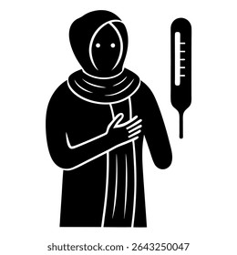 Um esboço em preto e branco ilustra uma mulher muçulmana doente vestindo um hijab e sofrendo de febre. Um termômetro indica temperatura alta, mostrando claramente doença e sintomas de mal-estar.