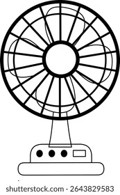 Black and white outline illustration of an electric table fan with detailed blades and control buttons. Suitable for coloring pages, educational use, or home appliance graphics.
