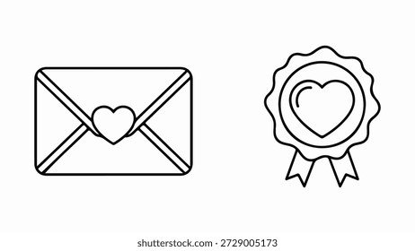 Uma ilustração em contorno preto e branco apresenta dois ícones distintos. À esquerda, um envelope clássico é representado com seus flaps fechados, presos por uma corda decorativa que forma uma forma de coração no centro. À direita, é mostrada uma fita circular de prêmio com uma borda recortada, contendo um símbolo de coração dentro de seu círculo interno e complementado por duas fitas suspensas abaixo. Ambos os ícones usam uma simples arte linear, evocando uma sensação de amor, apreciação ou uma mensagem especial.