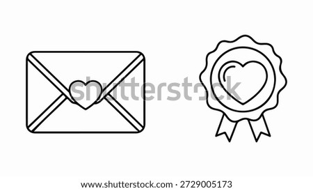 A black and white outline illustration features two distinct icons. On the left, a classic envelope is depicted with its flaps closed, secured by a decorative string that forms a heart shape in the center. On the right, a circular award ribbon with a scalloped edge is shown, containing a heart symbol within its inner circle and complemented by two hanging ribbons below. Both icons use simple line art, evoking a sense of love, appreciation, or a special message.