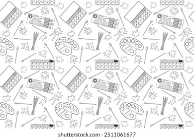 Black and white outline illustration featuring various art supplies for back-to-school, perfect for kids coloring books and educational materials.