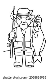 Black and white outline illustration of a fisherman with fish and fishing rod. Coloring book for kids.