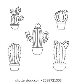 Black and white outline illustration of five different potted cacti. 