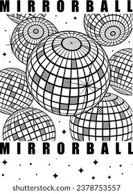 A black and white outline illustration of a group of disco mirror balls with sparkles and halftone, perfect for a new years or disco themed event