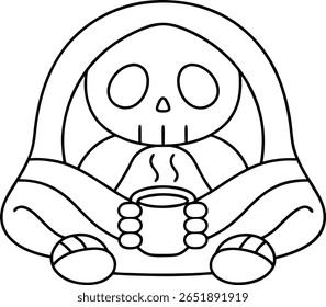 Um esboço em preto e branco ilustração de uma figura de um ceifador encapuzado sentado e segurando um copo de vapor.