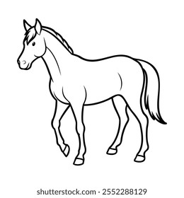 Black and white outline illustration of a horse, showcasing its full body in a standing pose