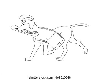 Black and white outline illustration with Isolated post dog bringing newspaper for kids coloring book, album, tutorials, design for logo.  eps 10