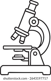 A black and white outline illustration of a microscope, commonly used in science and research laboratories for viewing microscopic objects.