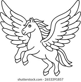 Um esboço em preto e branco ilustra um mítico cavalo alado, possivelmente Pegasus, em pleno voo com suas asas espalhadas.