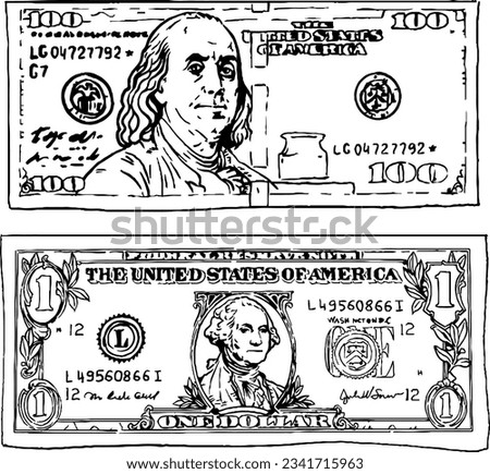 black and white outline illustration of one and one hundred dollars, icon for money. graphic depiction of the presidents of america