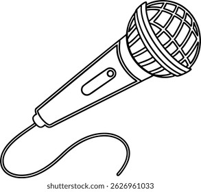 Black and white outline illustration of a professional microphone with cable and grid head
