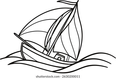 A black and white outline illustration of a sailboat floating on wavy water surfaces