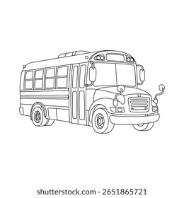 Black and white outline illustration of a school bus with detailed line art, perfect for coloring books, educational content, and transport themes.