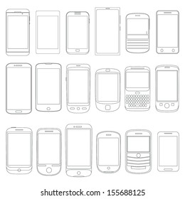 Black and white outline illustration - Set of various simple cell Mobile smart Phone Outlines as Vectors