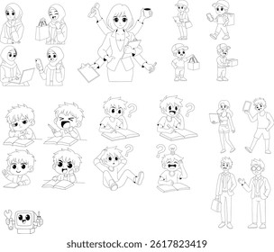 Black and white outline illustration set for a kids coloring book. Features various cartoon characters in daily activities