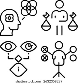 a black and white outline illustration showing a head, eyes, scales, and a person with circles, representing concepts like thinking and balance.